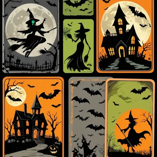 Prompt: Retro halloween characters in vivid blacks, oranges, golds, greens, grays put them on trading cards, full moon, bats flying, witch, haunted house in the background, tattered mummy