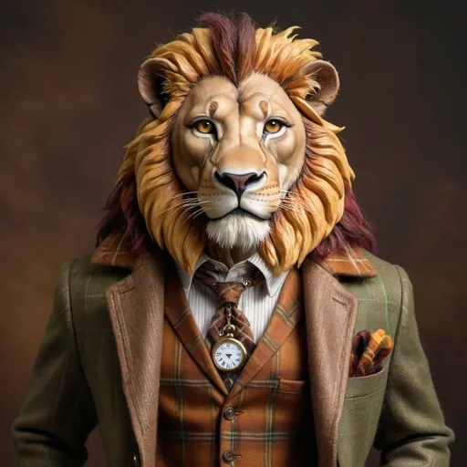 Prompt: hyper realistic lion standing and dressed in wool clothes in browns, greens, gold, burgundy, oranges, plaids and solids, brown leather dress shoes, gold spectacles on his face and a pocket watch on his side.