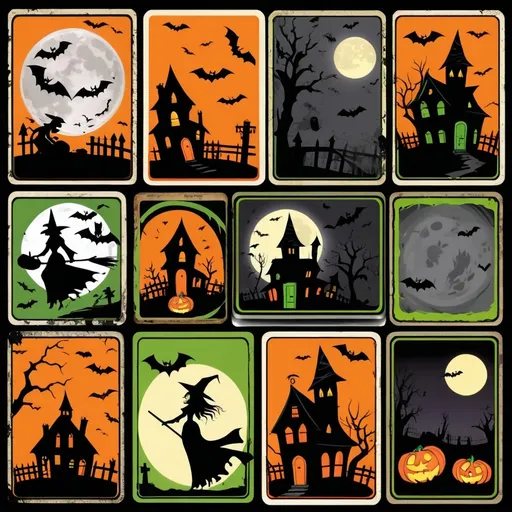 Prompt: Retro halloween characters in vivid blacks, oranges, golds, greens, grays put them on trading cards, full moon, bats flying, witch, haunted house in the background, tattered mummy