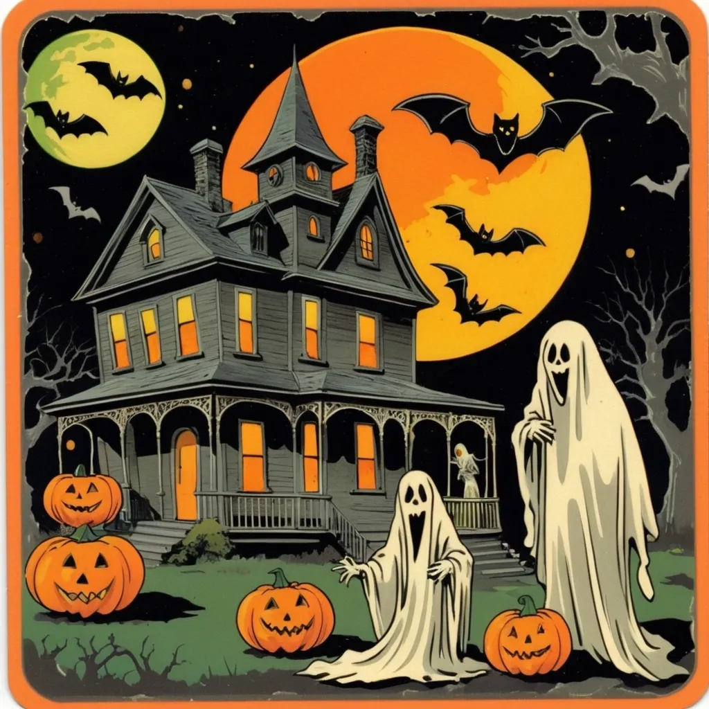 Prompt: Retro halloween characters in vivid blacks, oranges, golds, greens, grays put them on trading cards, crescent
 moon, bats flying, diaphanous ghosts, haunted house in the background, tattered mummy