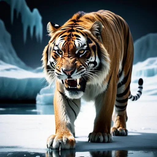 Prompt: Saber tooth tiger in a cool but scary background. With ice like pond ice Infront or around/