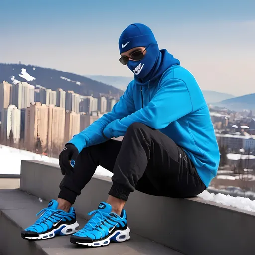 Prompt: Khalfkar, blue Nike set, Air Max tn shoes, ski mask, city background