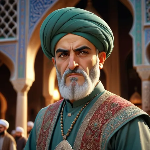 Prompt: (Imam Hossein in historical context) of Islamic Iran, realism style, vibrant tones, dramatic lighting, solemn and majestic atmosphere, traditional Persian garments and armor, historical accuracy, detailed facial features and expressions, intricate background with an ancient mosque and bustling market, 4K, ultra-detailed, high definition, cinematic masterpiece, emotive and reverent mood, masterful shading and textures, award-winning quality.