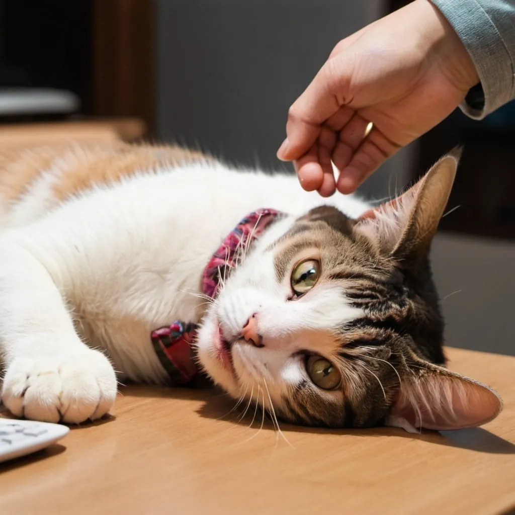 Prompt: A cat laying down playingly on the table tummy facing up while the owner is tickling the tummy 