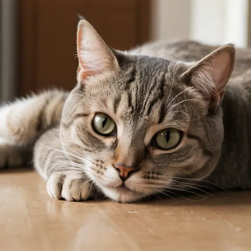 Prompt: A cat laying down playingly on the table 