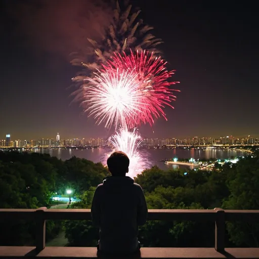 Prompt: A person watching the fireworks by the park