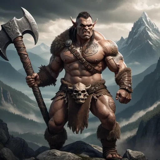 Prompt: Half ogre barbarian (with human features), towering at 2.5 meters, muscular physique, fierce expression, holding a massive axe made of dragon bone, intricate tribal tattoos, rugged armor, surrounded by an epic landscape of mountains and forests, dramatic lighting highlighting the character’s powerful presence, intense and adventurous ambiance, ultra-detailed, high quality, cinematic masterpiece.
