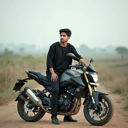 Prompt: Sitting confidently on a parked motorcycle, a young man gazes contemplatively into the distance, suggesting a moment of reflection or daydreaming. He is dressed in a loose-fitting black shirt and matching trousers, which contrast with the soft, earthy tones of the surrounding landscape—barren fields and sparse greenery under a gently overcast sky. The composition highlights the symmetry between the subject and the motorcycle, both exuding a sense of adventure. The muted colors of the scene, combined with natural lighting, evoke a calm and serene atmosphere, hinting at a peaceful, contemplative mood. This image captures a brief pause in a journey, inviting viewers to ponder the story behind this solitary moment.