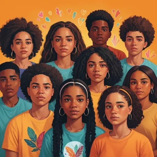 Prompt: Illustration of a diverse group of Black and Latinx gender-diverse youth, representing mental health struggles, vibrant and expressive, realistic portrait, vibrant colors, emotional storytelling, impactful, high quality, digital illustration, diverse representation, emotional depth, powerful storytelling, mental health awareness, realistic portrayal, impactful colors, diverse group, emotional expression, high-res, impactful lighting