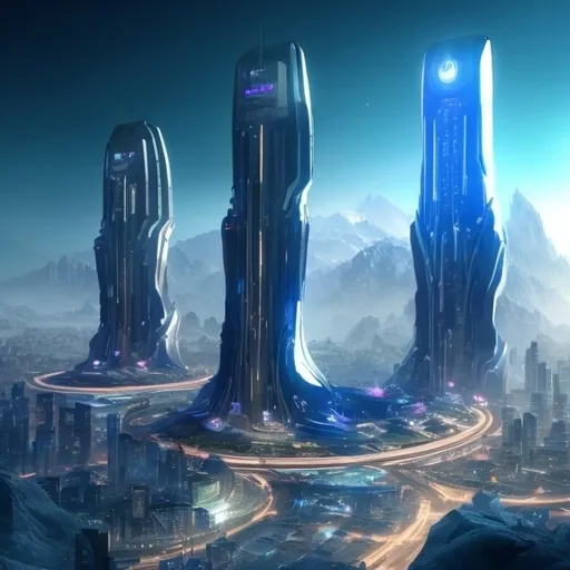 Prompt: A futuristic city between high mountains, High futuristic tower in the center of the city