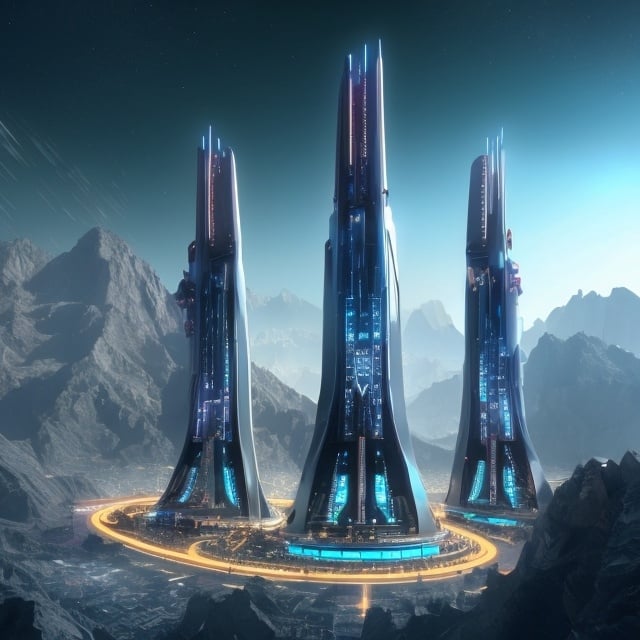 Prompt: A futuristic city between high mountains, High futuristic tower in the center of the city