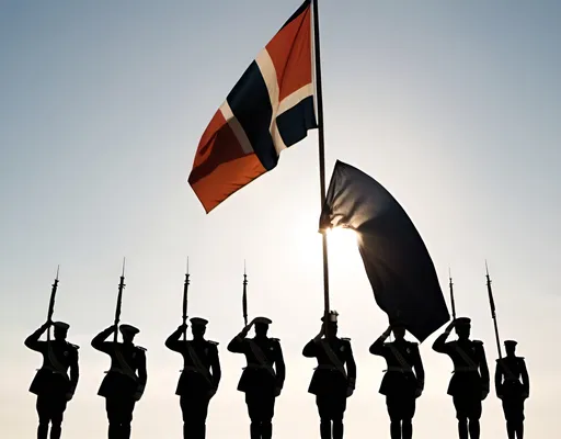 Prompt: Backlit photo showing the flag of the Netherlands being raised. Silhouette, Honour guard from the Royal Netherlands Marechaussee standing at attention, ceremonial, shadowy