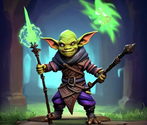 Prompt: a goblin mage wit a magical staff