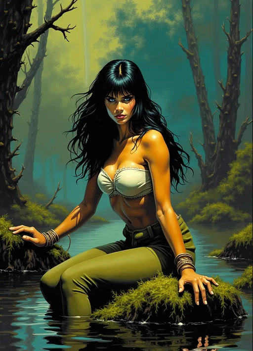 Prompt: Emerging from the murky depths of a misty swamp, a striking figure with long, dark hair sits partially submerged in water, her intense gaze piercing through the surrounding fog. Clad in a torn, white top that contrasts with the vibrant green foliage clinging to her, she appears both fierce and vulnerable, with ropes binding her arms. The eerie atmosphere is enriched by shadowy trees barely visible in the background, their gnarled branches adding to the scene's tension. The color palette, dominated by greens and browns, complements the hazy, otherworldly light filtering through the haze, creating an ambiance filled with mystery and danger. This image conveys a narrative of resilience and defiance in the face of an ominous environment, suggesting a story that beckons to be unraveled.