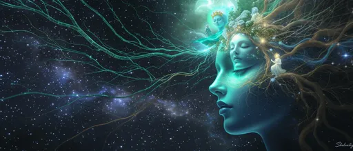 Prompt: In a surreal blend of technology and nature, a serene visage of a woman emerges, her face radiating shades of green and blue, symbolizing a deep connection to the earth and the cosmos. Within her head, ethereal figures float, including a serene face adorned with leaves and a small figure crowned in gold, suggesting wisdom and enlightenment. Surrounding her are delicate roots resembling fingers, intertwined with intricate patterns of digital code that drift against a vibrant cosmic backdrop filled with stars and swirling galaxies. The lighting creates a mystical ambiance, highlighting the harmony between human consciousness, nature, and the digital realm, evoking a sense of exploration and transcendence. This fusion of organic and synthetic elements speaks to the intricate relationship between humanity and technology, inviting contemplation on knowledge and existence.