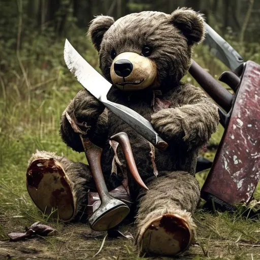 Prompt: a teddy bear is standing over a dead body with a butcher knife