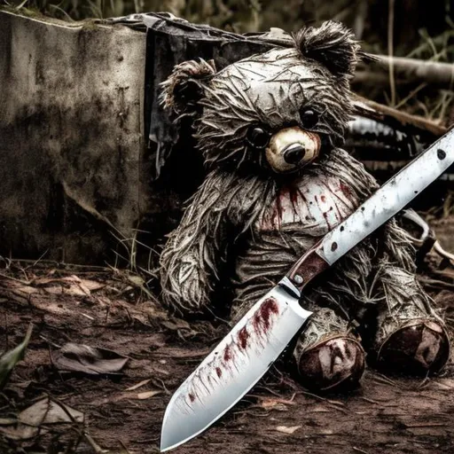 Prompt: a teddy bear is standing over a dead body with a butcher knife make it more gory