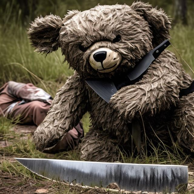 Prompt: a teddy bear is standing over a dead body with a butcher knife