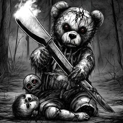 Prompt: a teddy bear is standing over a dead body with a butcher knife make it more gory make it a thing from the nightmares of satan