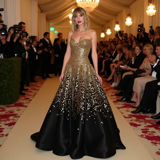 Prompt: taylor swift in a gold and black ball gown