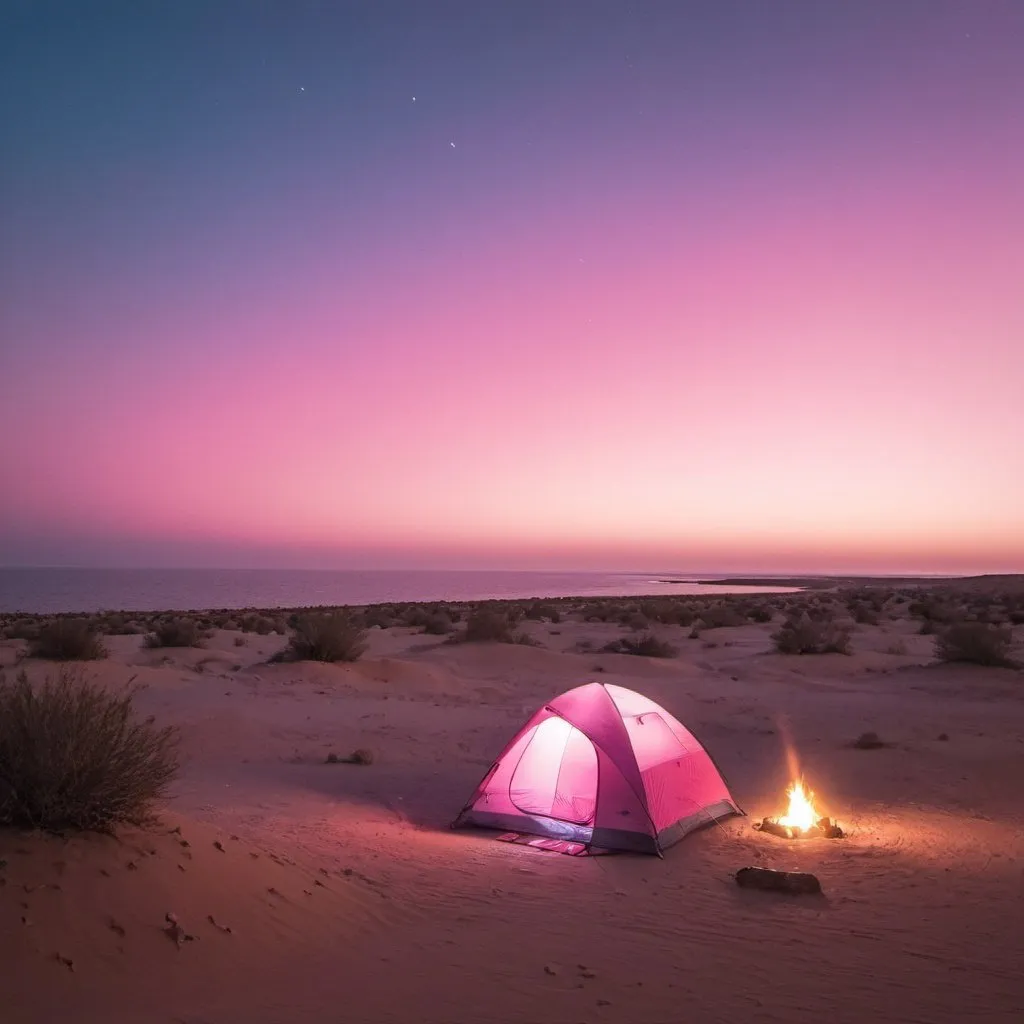 Prompt: camping in the desert with a nice pink sky flying blue light and a ocean 