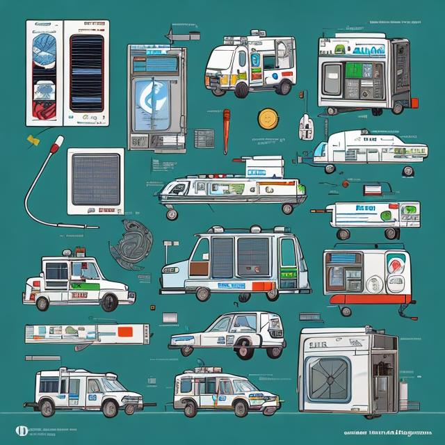 Prompt: a medical based design with an ambulance, doctor, solar panels, and anything else relevant in  a comic/retro style