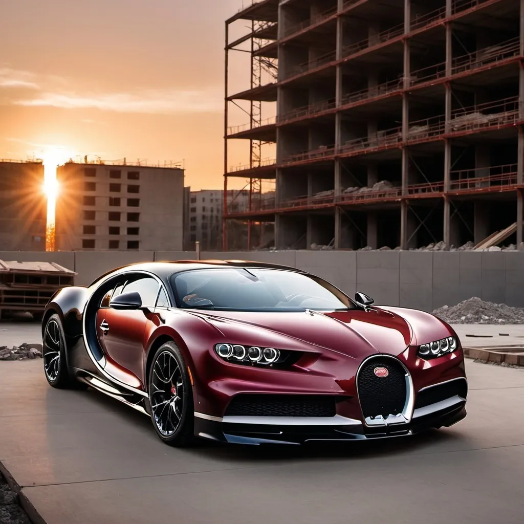 Prompt: Please create an image of Maroon coloured bugatti chiron with black wheels and a black pin stripes down the middle of the car, and two pin stripes down the side of the car which is parked on top of a construction site developing building. It is sunset in the picture 
