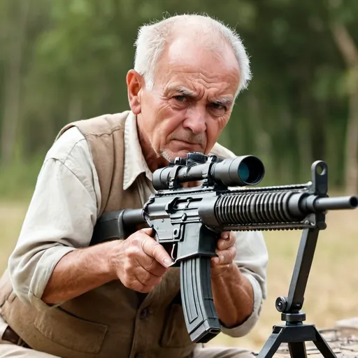 Prompt: Aged man shooting a machine gun