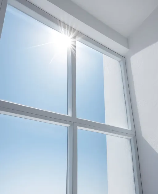 Prompt: Glass window in a white room's wall, clear blue sky visible, sunlight streaming through, realistic photograph, high definition, clear glass, natural lighting, attractive angle, clear view, sunny day, detailed, HD, realistic, natural lighting, clear sky, sunlight, architectural photography