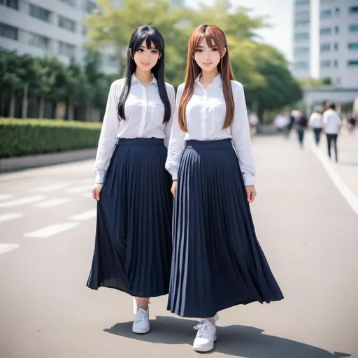 Prompt: Anime girls wearing maxi long pleated navy blue skirts.