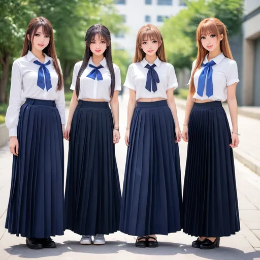 Prompt: Anime girls wearing maxi long pleated navy blue skirts.