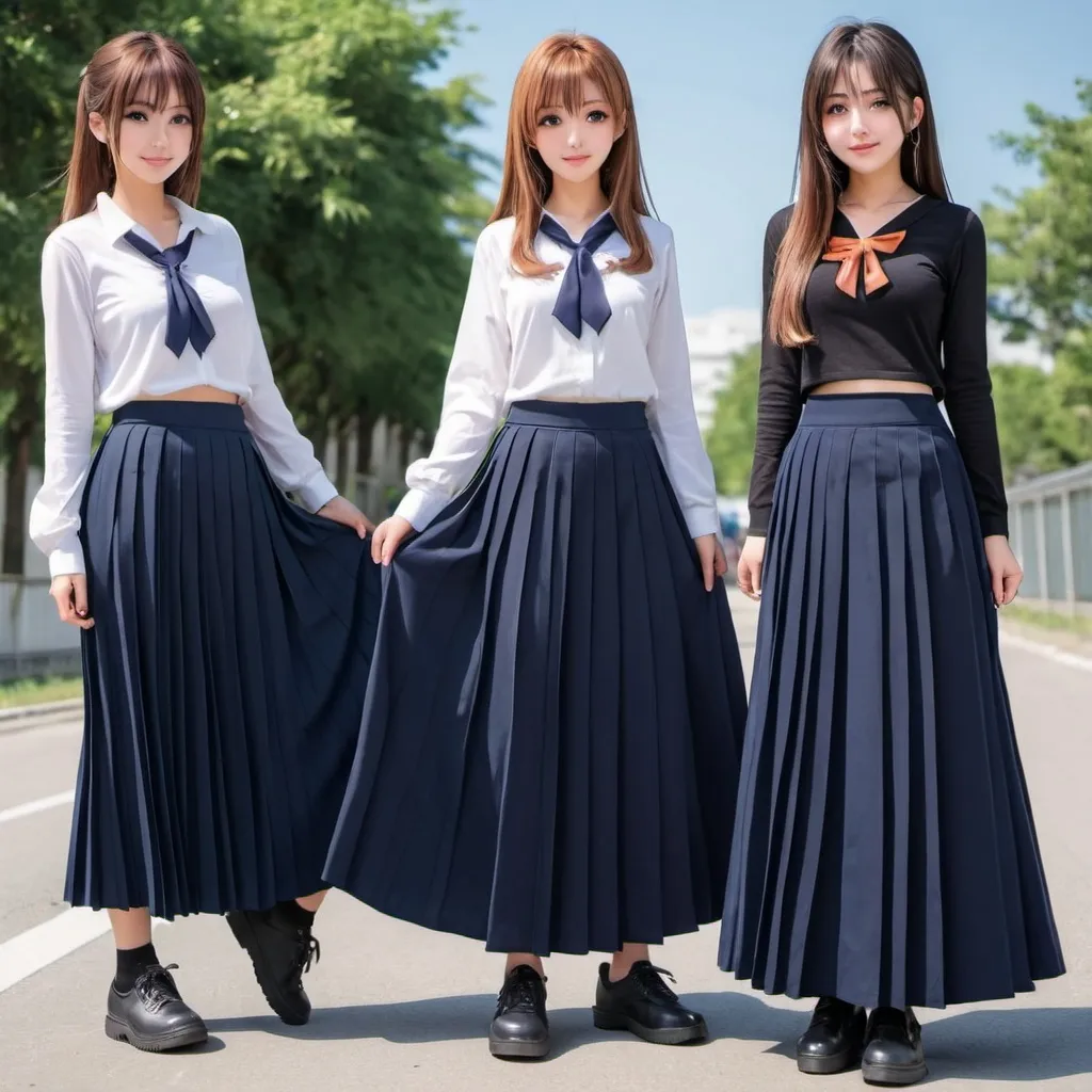 Prompt: Anime girls wearing maxi long pleated navy blue skirts.