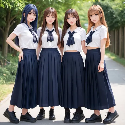 Prompt: Anime girls wearing maxi long pleated navy blue skirts.