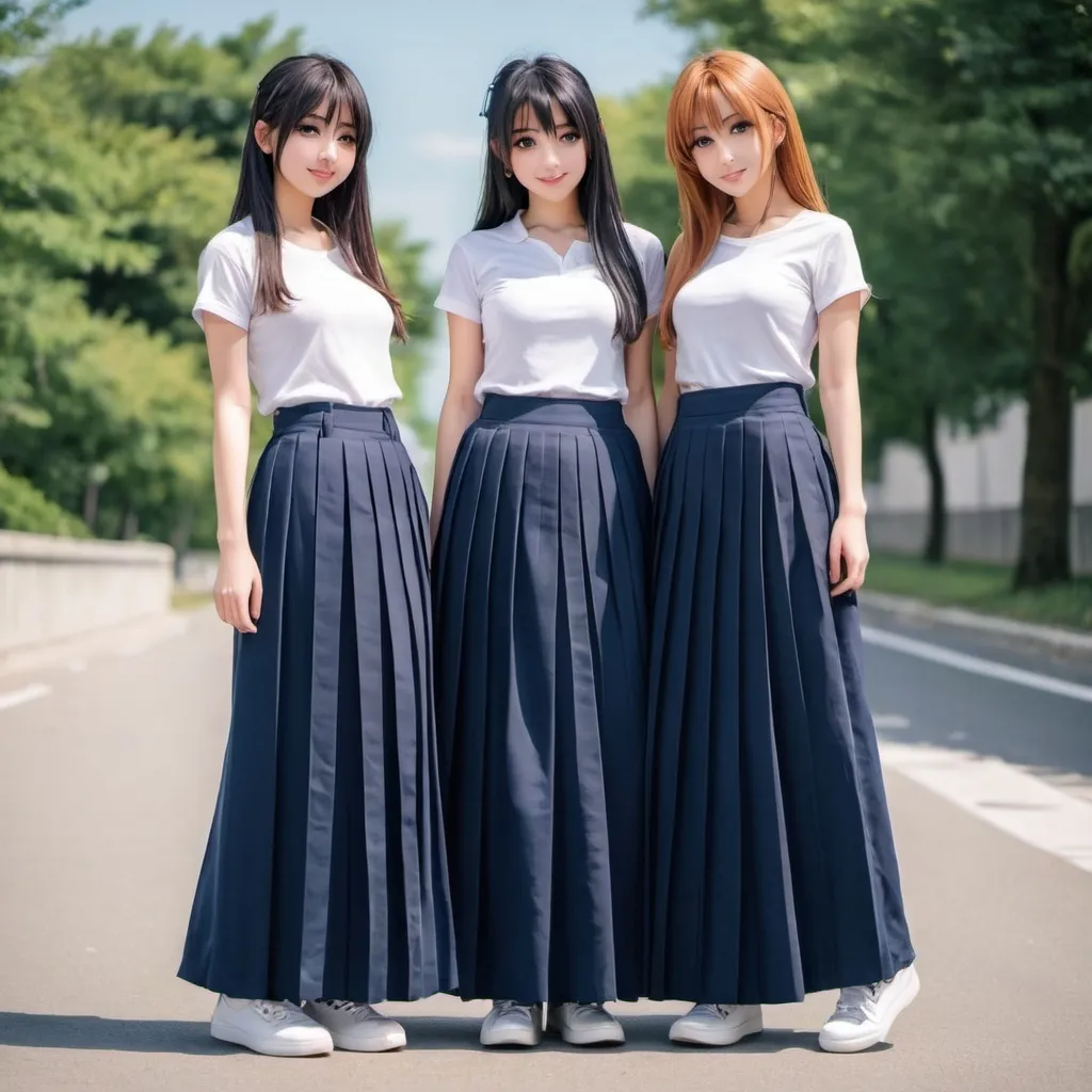 Prompt: Anime girls wearing maxi long pleated navy blue skirts.