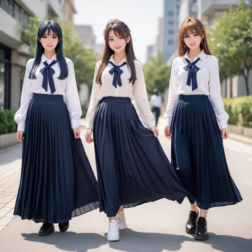 Prompt: Anime girls wearing maxi long pleated navy blue skirts.