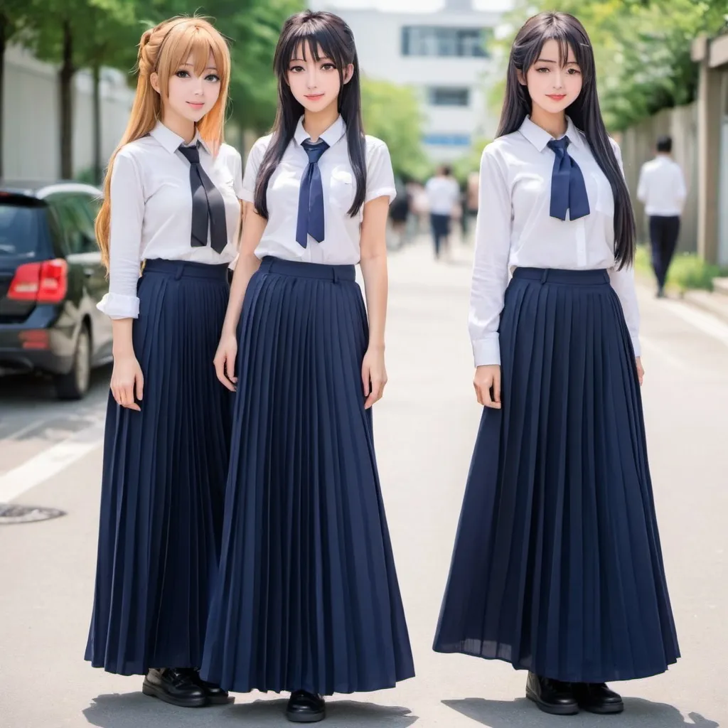 Prompt: Anime girls wearing maxi long pleated navy blue skirts.