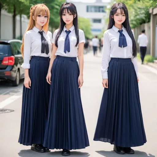 Prompt: Anime girls wearing maxi long pleated navy blue skirts.