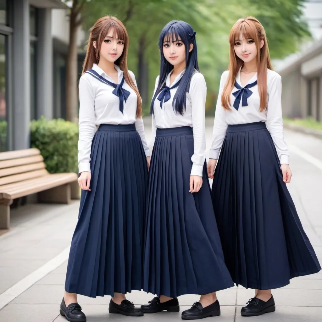 Prompt: Anime girls wearing maxi long pleated navy blue skirts.