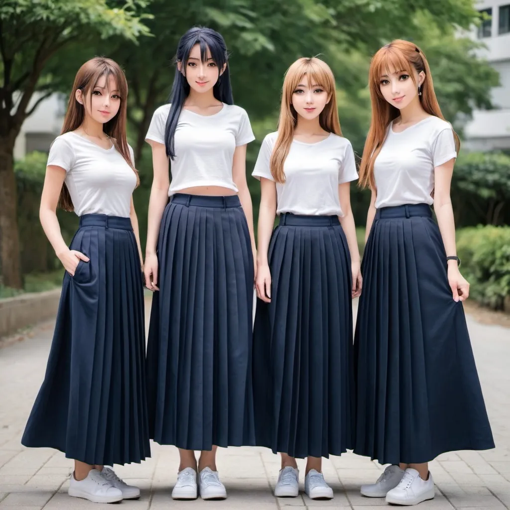 Prompt: Anime girls wearing maxi long pleated navy blue skirts.