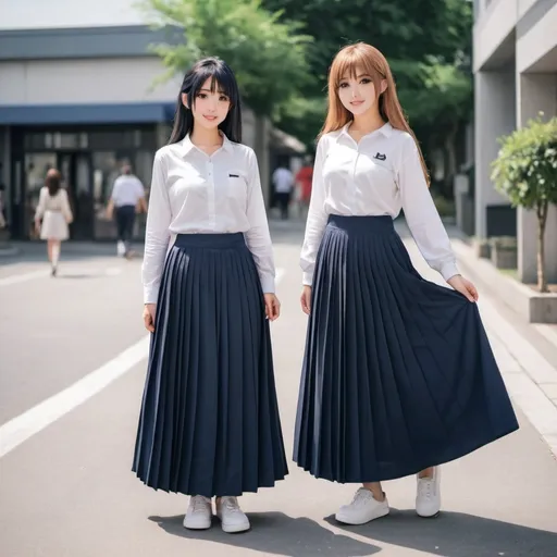 Prompt: Anime girls wearing maxi long pleated navy blue skirts.