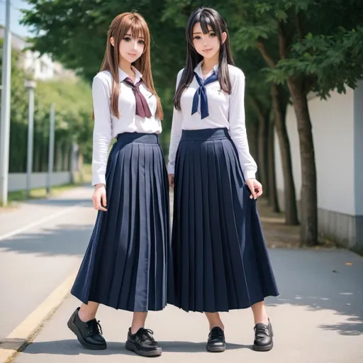 Prompt: Anime girls wearing maxi long pleated navy blue skirts.