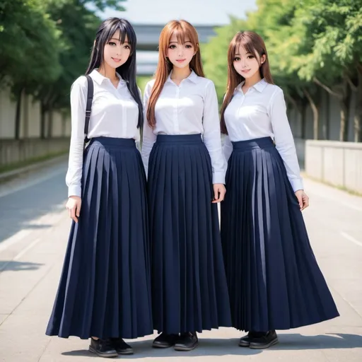 Prompt: Anime girls wearing maxi long pleated navy blue skirts.