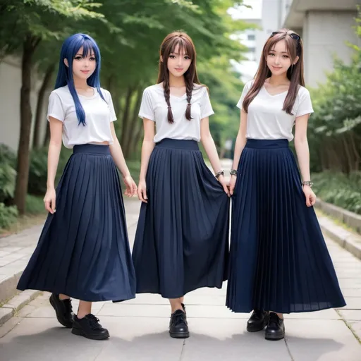 Prompt: Anime girls wearing maxi long pleated navy blue skirts.