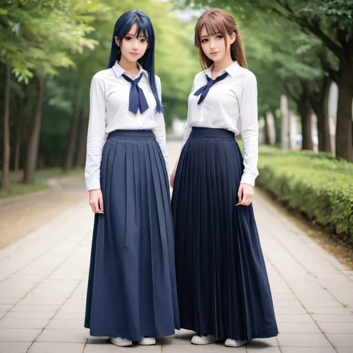 Prompt: Anime girls wearing maxi long pleated navy blue skirts.