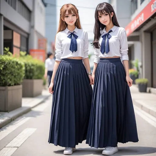 Prompt: Anime girls wearing maxi long pleated navy blue skirts.