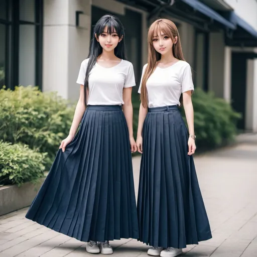 Prompt: Anime girls wearing maxi long pleated navy blue skirts.