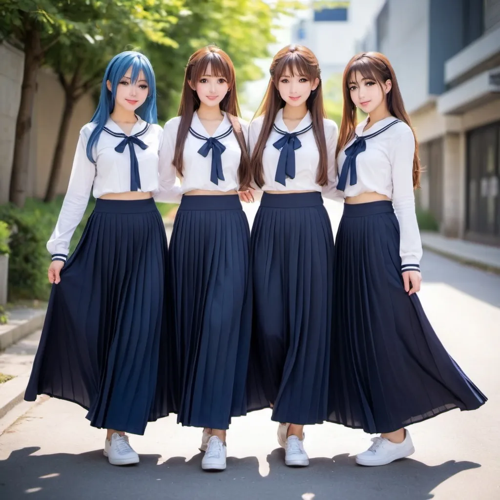 Prompt: Anime girls wearing maxi long pleated navy blue skirts.