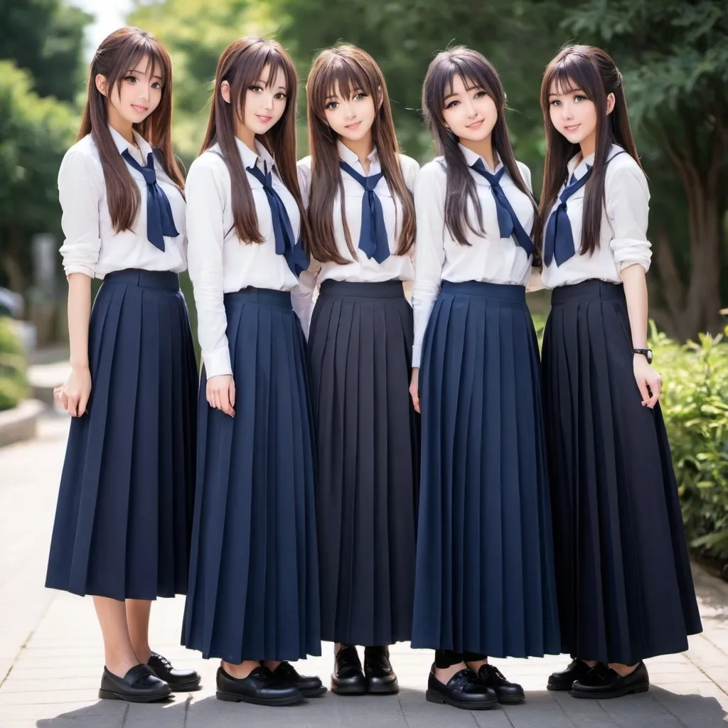 Prompt: Anime girls wearing maxi long pleated navy blue skirts.