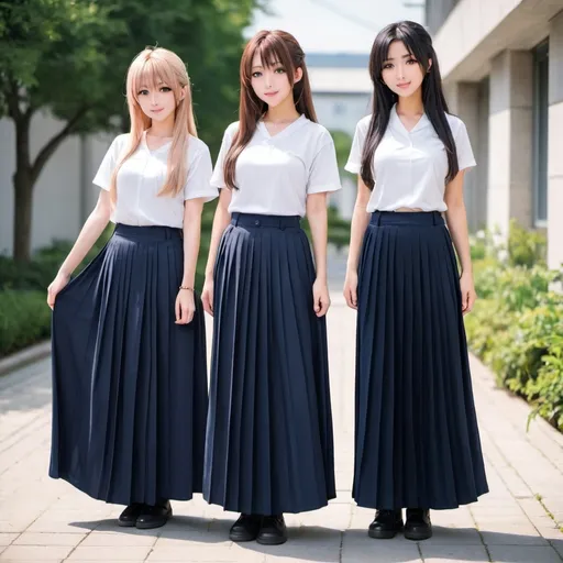 Prompt: Anime girls wearing maxi long pleated navy blue skirts.