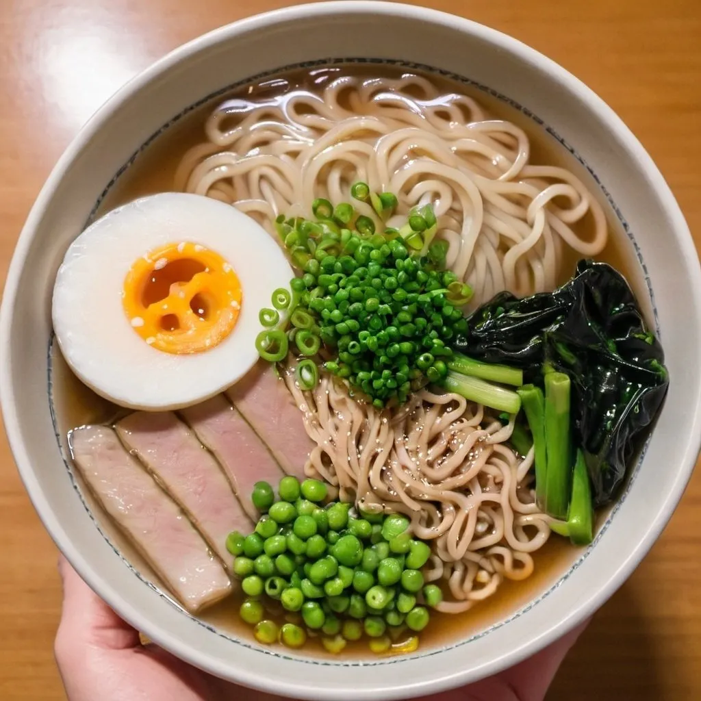 Prompt: a bowl of ramen without green vegetables
